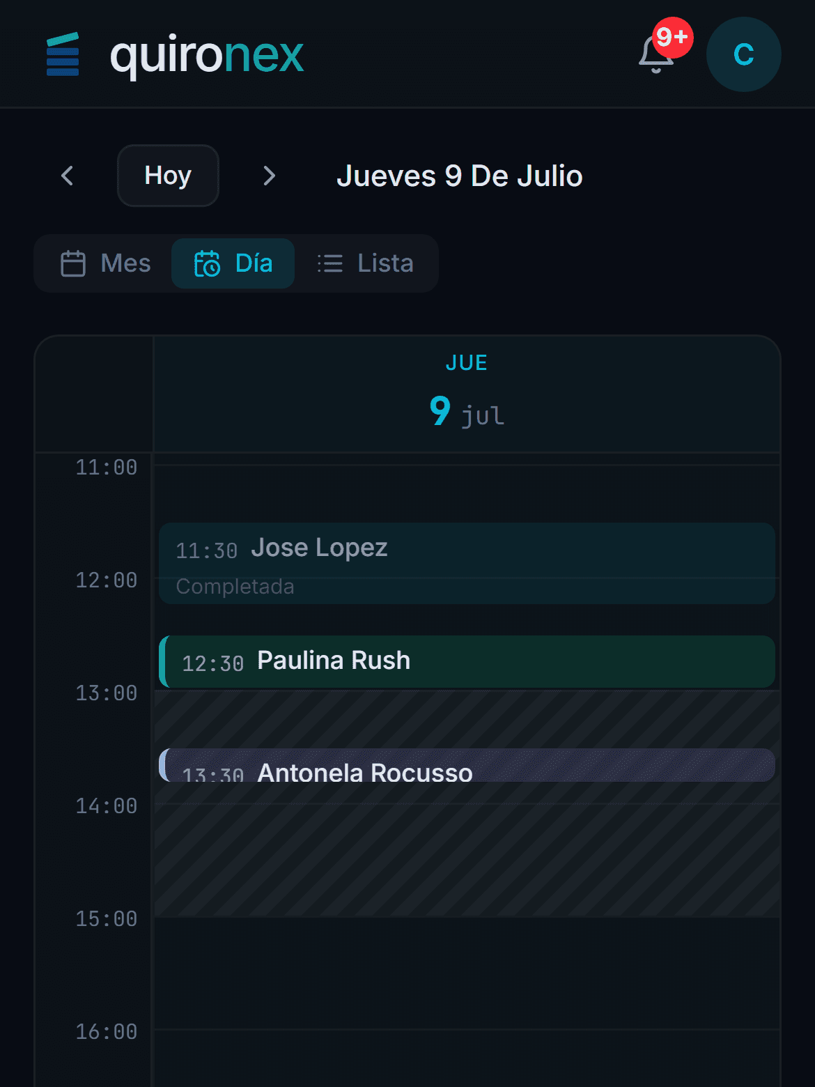 Agenda del día de Quironex en el celular, en español